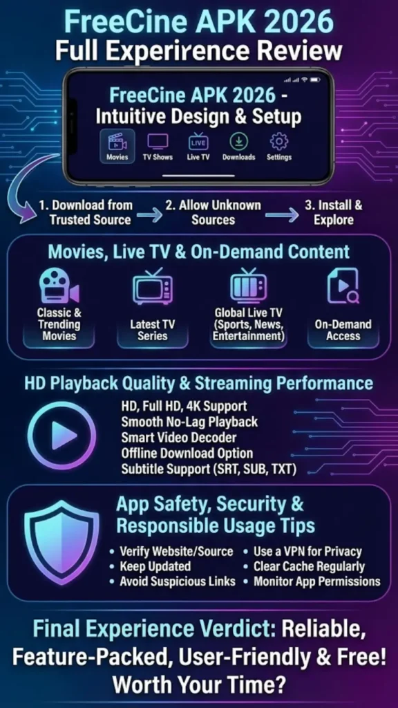 FreeCine APK 2026 Full Experience Review – Movies, Live TV, HD Playback & Safety Insights