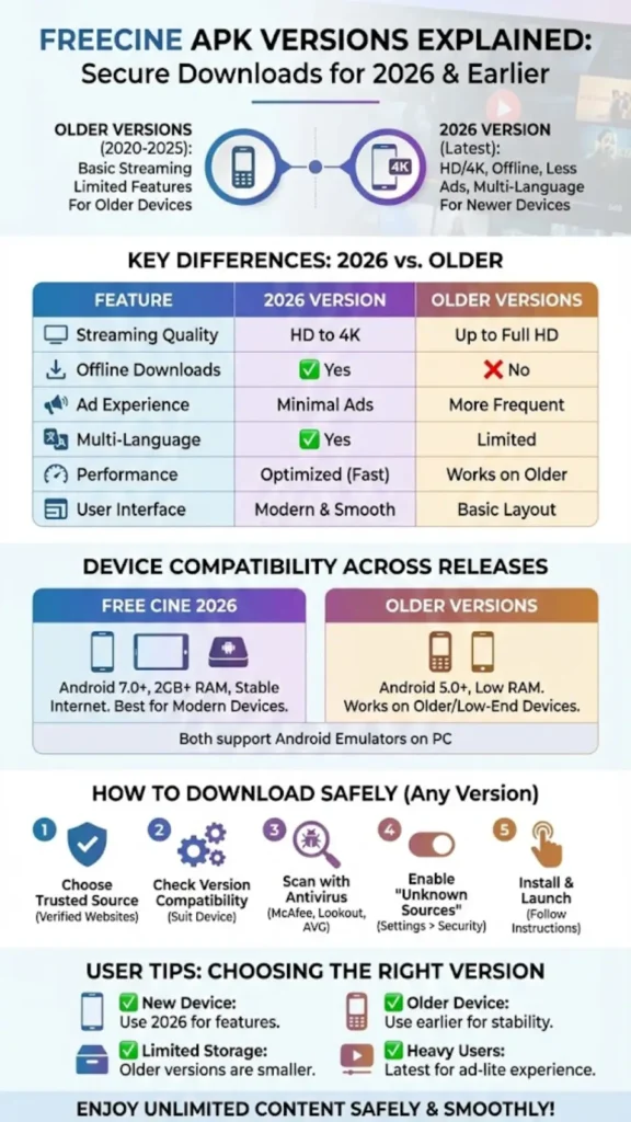 FreeCine APK Versions Explained – Secure Downloads for 2026 and Earlier Releases